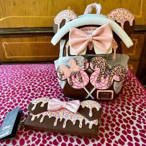Loungefly Disney Minnie Chocolate Lollipop Ears Mini Backpack and Wallet Set NWT